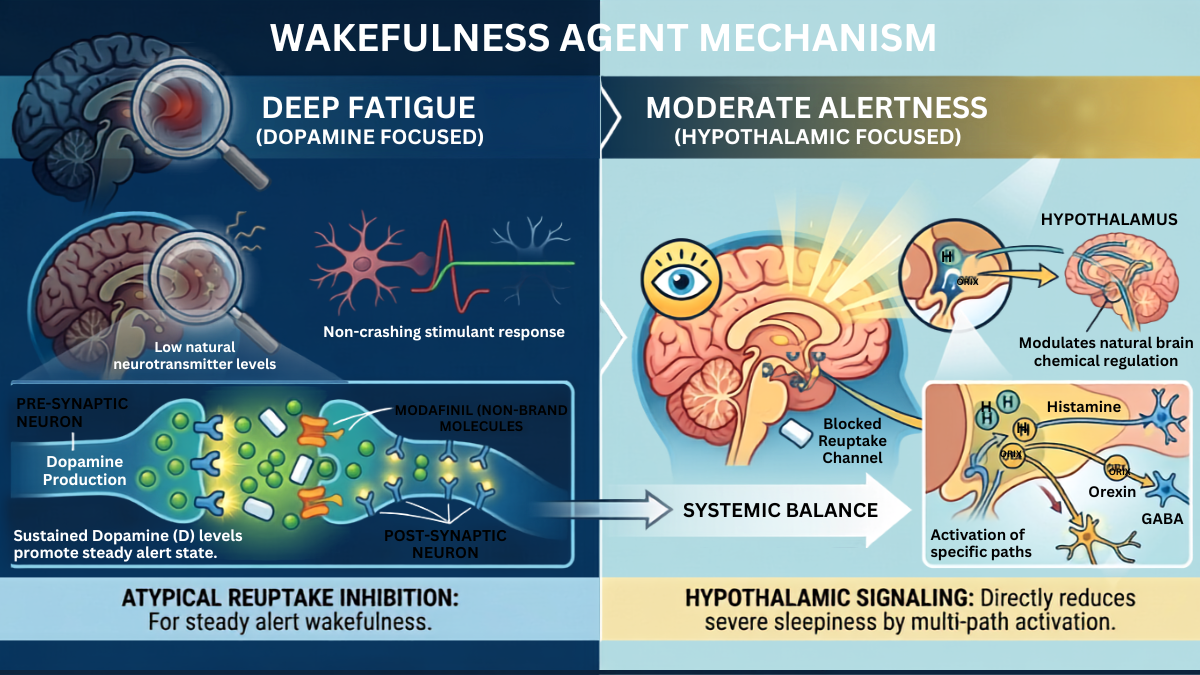 Diagram illustrating the wakefulness agent mechanism, showing dopamine reuptake inhibition and hypothalamic signalling pathways involved in alertness.