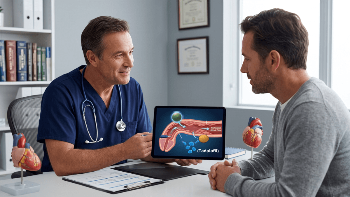 Doctor explaining tadalafil mechanism to patient using blood flow diagram