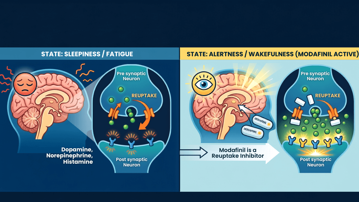 Diagram comparing brain neurotransmitter activity during sleepiness versus alertness with modafinil, showing dopamine, norepinephrine and histamine reuptake at the synapse.