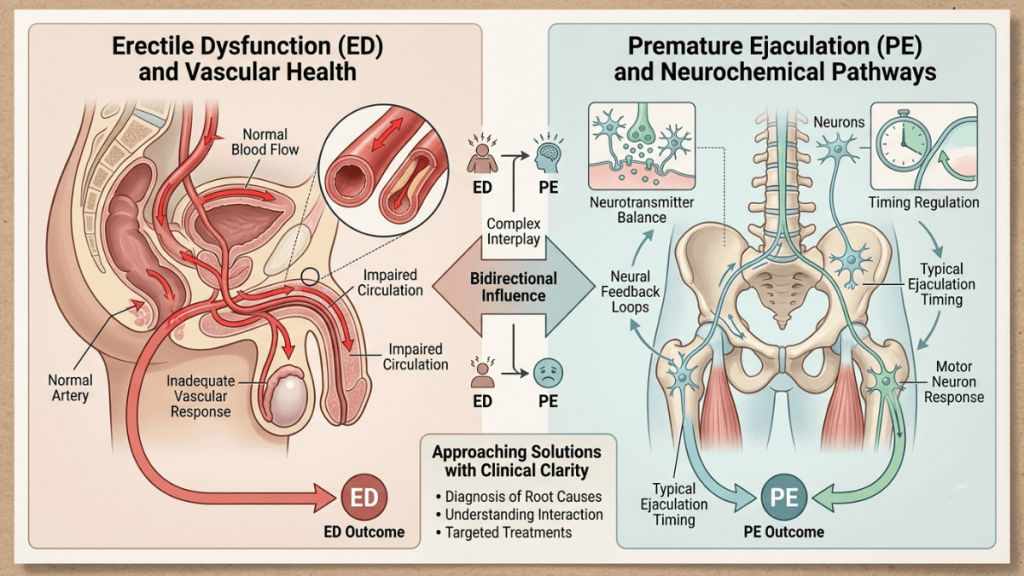 Diagram showing erectile dysfunction symptoms linked to vascular health, alongside premature ejaculation and neurochemical pathways.