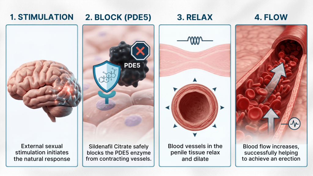 Four-step medical diagram showing Sildenafil Citrate mechanism of action, detailing sexual stimulation, PDE5 enzyme blockade, smooth muscle relaxation, and increased blood flow.
