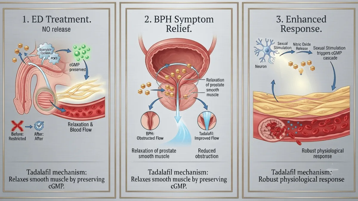 Diagram of tadalafil's dual mechanism for ED treatment and BPH symptom relief via cGMP preservation