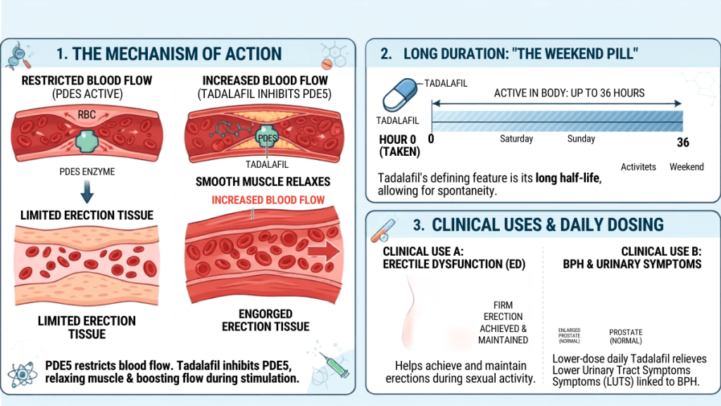 Infographic explaining Tadalafil's mechanism of action, 36-hour duration, and clinical uses for ED and BPH