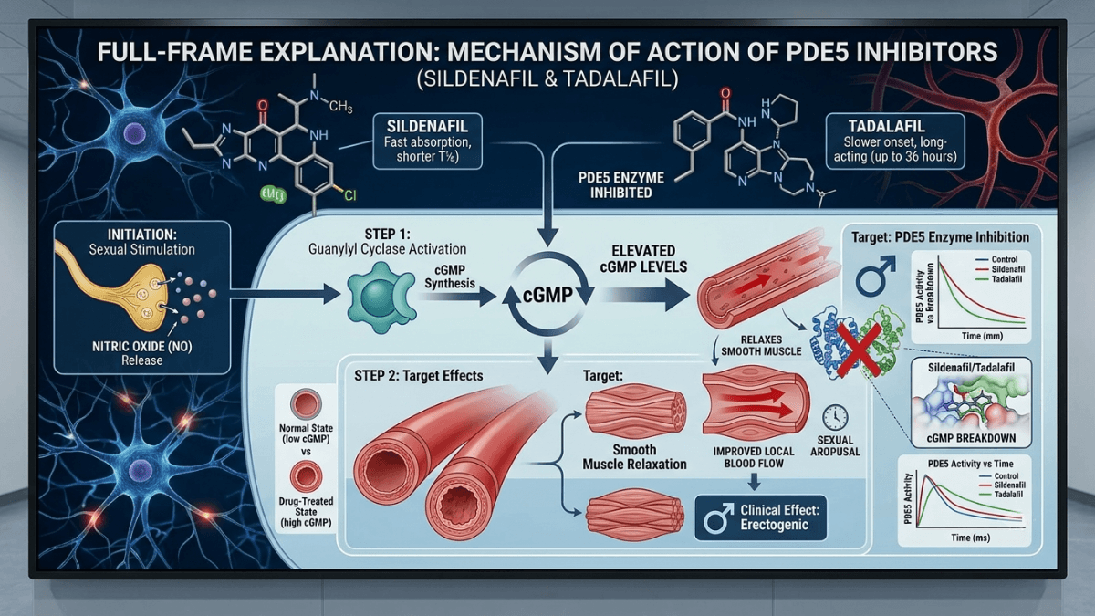 Diagram explaining how sildenafil and tadalafil inhibit PDE5 enzyme to improve blood flow
