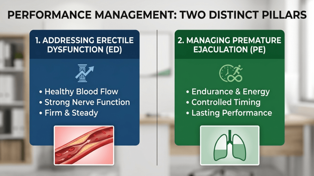 Infographic comparing erectile dysfunction and premature ejaculation management