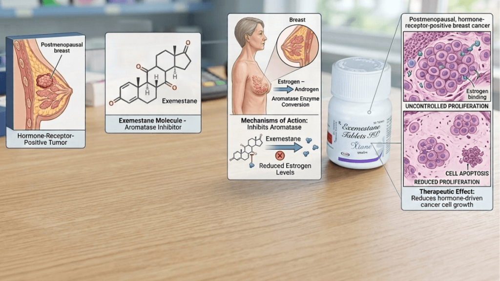 Exemestane (Xtane) mechanism diagram for hormone-receptor-positive breast cancer