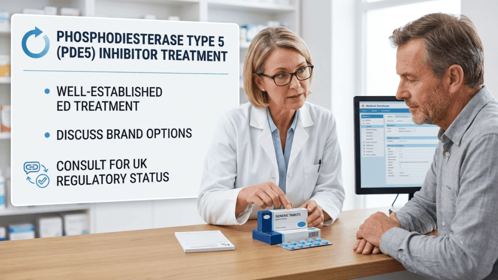 Pharmacist discussing PDE5 inhibitor treatment for Udenafil options with patient