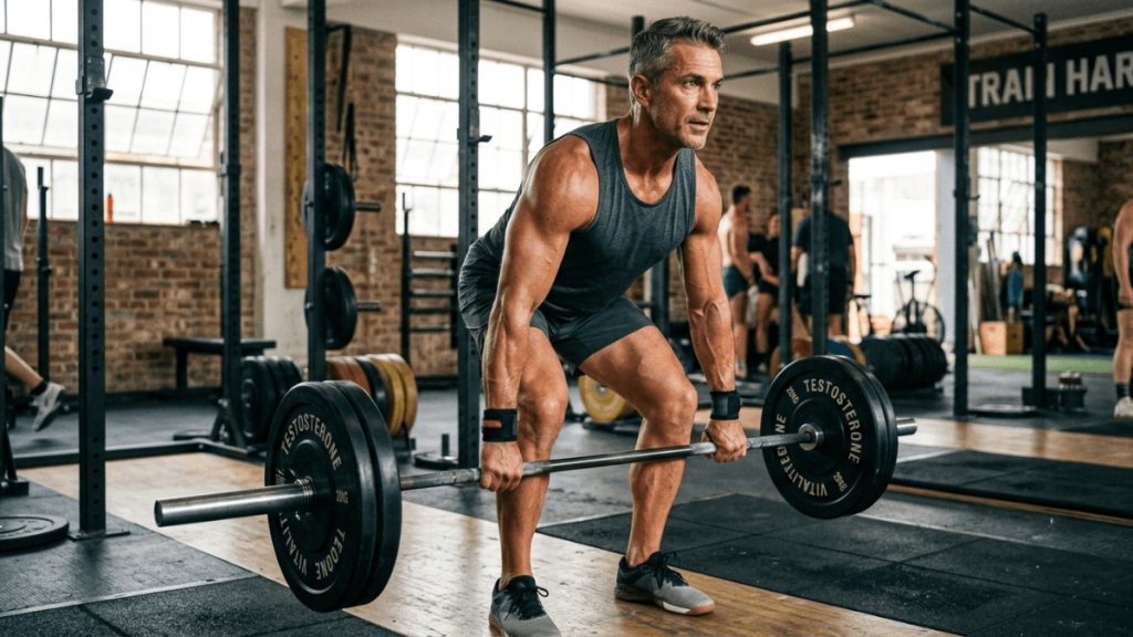 Man performing a barbell deadlift in a gym, with weight plates labelled "Testosterone".
