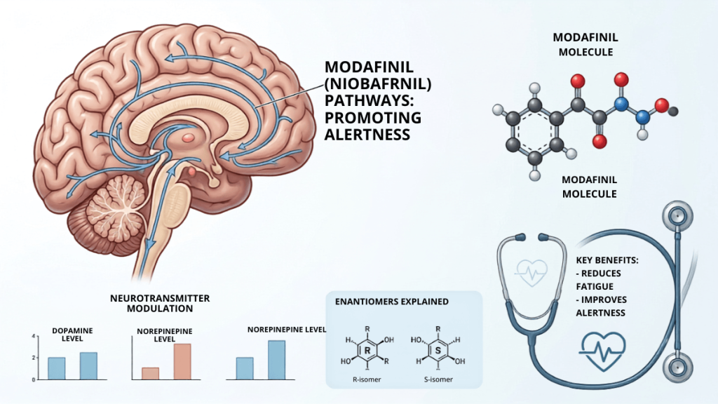 Modafinil mechanism diagram: brain pathways, molecule structure and key benefits