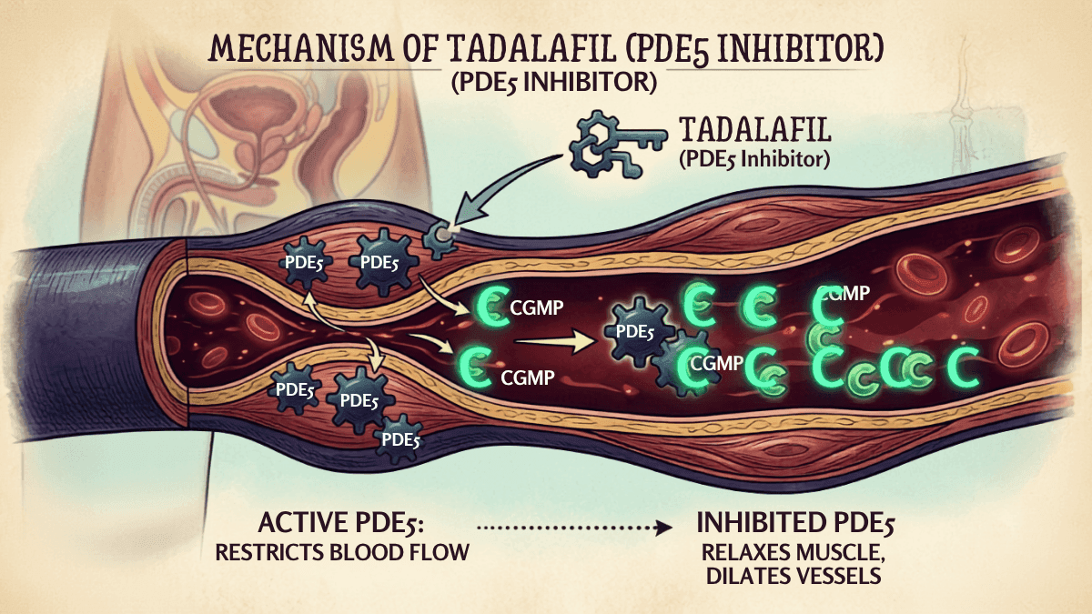 Diagram showing how tadalafil inhibits PDE5 to relax muscle and improve blood flow