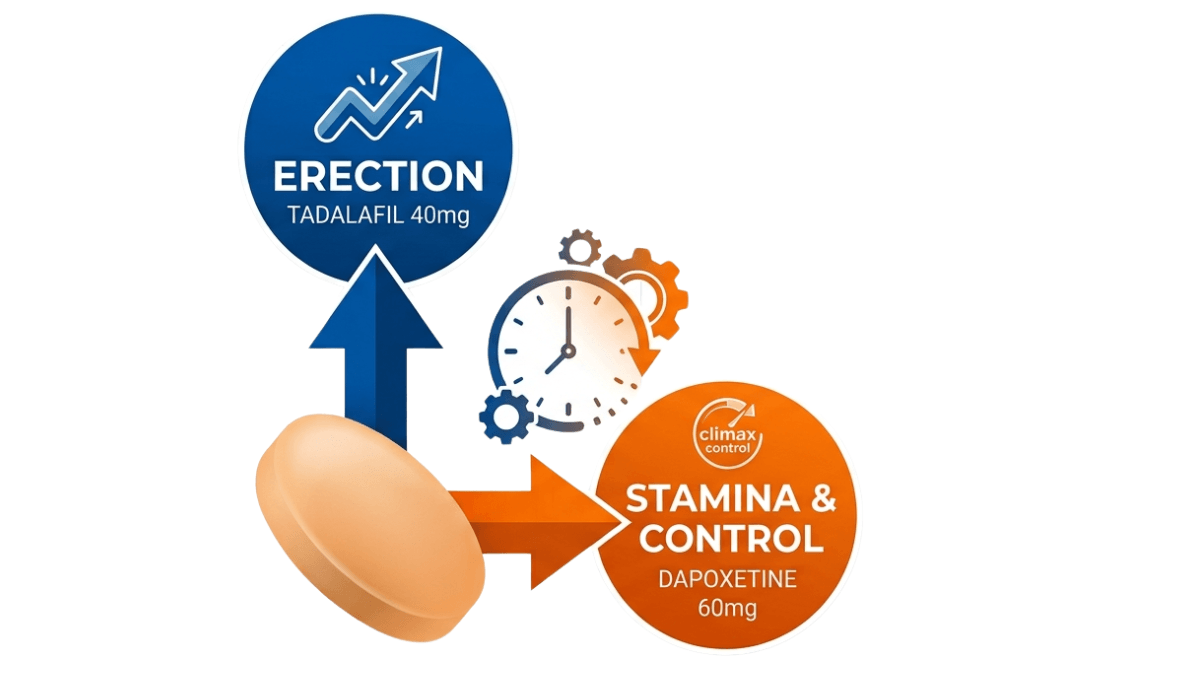 Tadalafil 40mg and Dapoxetine 60mg combination tablet infographic showing erection and stamina benefits