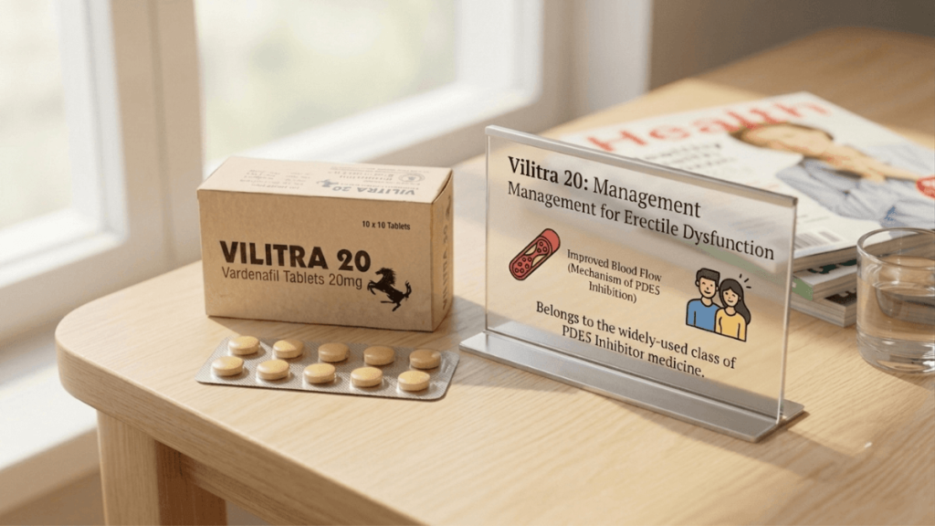 Vilitra 20 vardenafil tablets 20mg box with PDE5 inhibitor information card