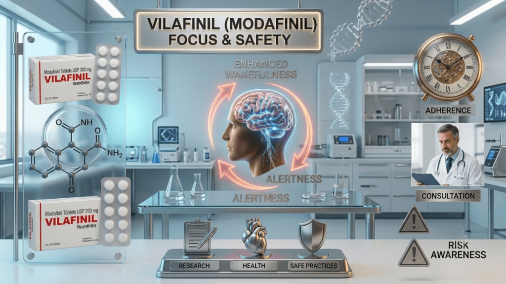 Vilafinil Modafinil tablets 200mg and 300mg focus and safety infographic