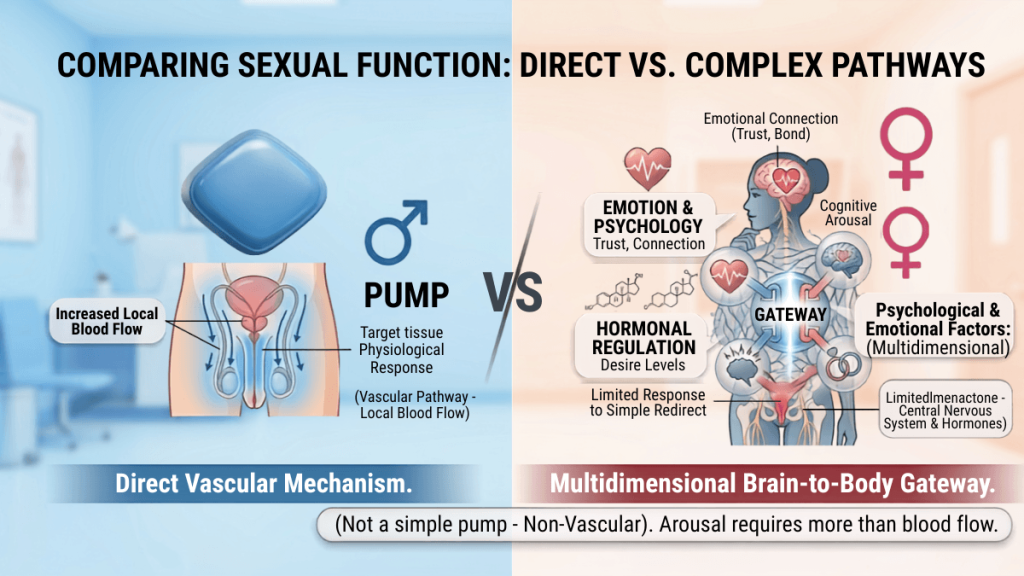 Diagram comparing male vascular response to female emotional and hormonal arousal pathways