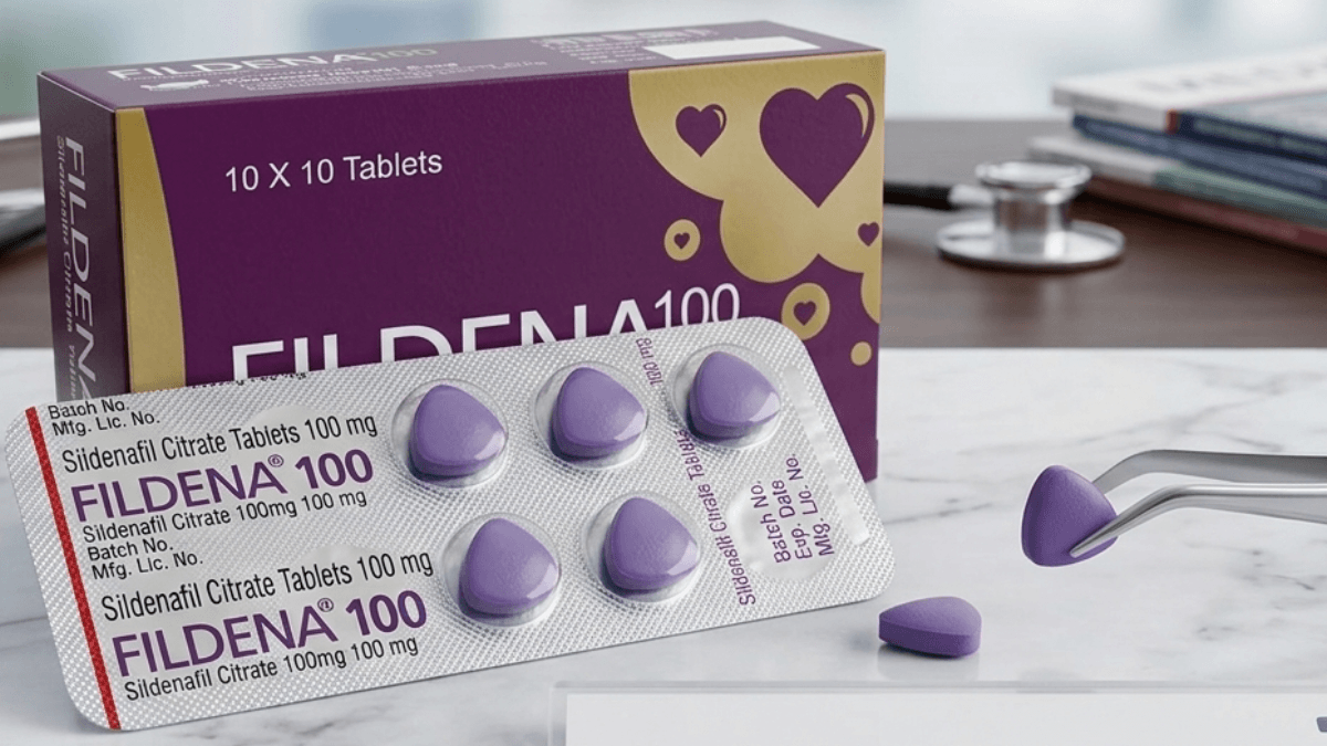 Fildena 100 Sildenafil Citrate tablets box and blister pack on desk
