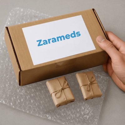 Hand holding a Zarameds branded cardboard box beside two small brown paper-wrapped parcels on bubble wrap packaging.