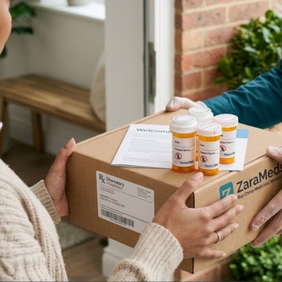 ZaraMeds pharmacy delivery box with prescription medicine bottles handed to a customer at their doorstep