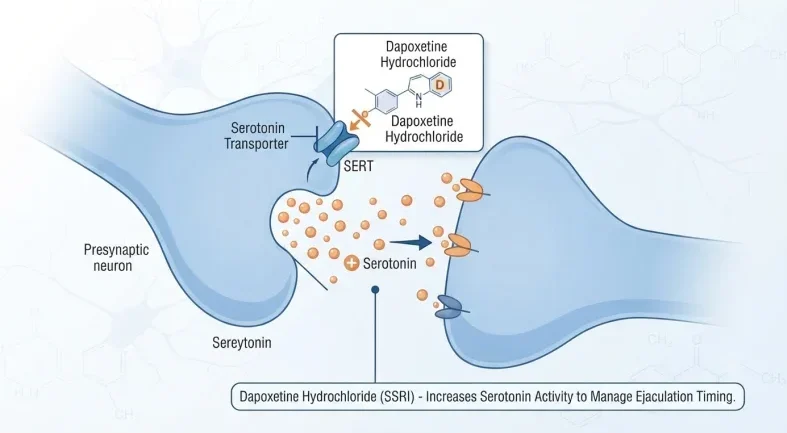 Medical illustration showing Dapoxetine Hydrochloride acting as an SSRI to block serotonin transporters and manage ejaculation timing.