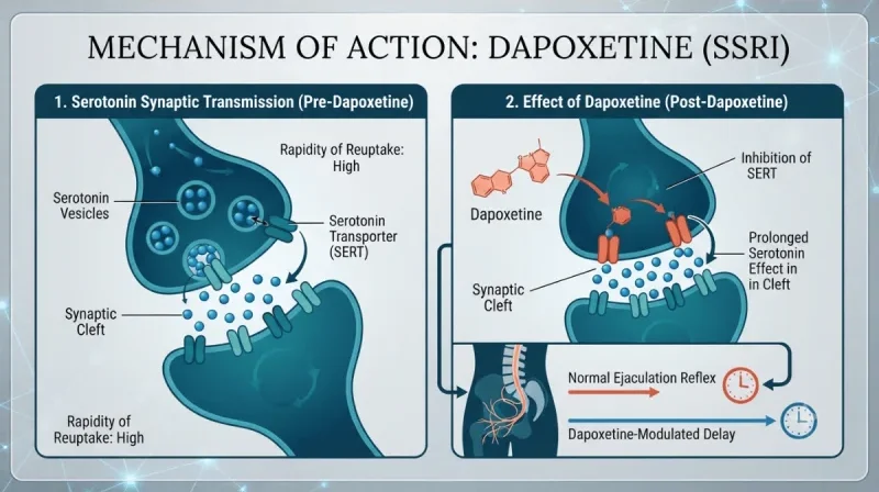 Medical infographic detailing the mechanism of action of Dapoxetine as an SSRI, comparing serotonin synaptic transmission before and after treatment to show SERT inhibition and ejaculation delay.