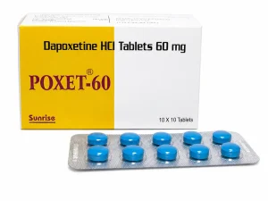 Box and blister pack of Poxet 60 mg Dapoxetine tablets by Sunrise.