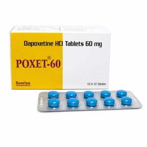 Box and blister pack of Poxet 60 mg Dapoxetine tablets by Sunrise.