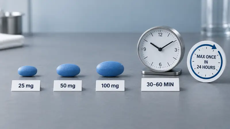 Sildenafil 25mg, 50mg and 100mg tablets with onset time and dosing limit guide