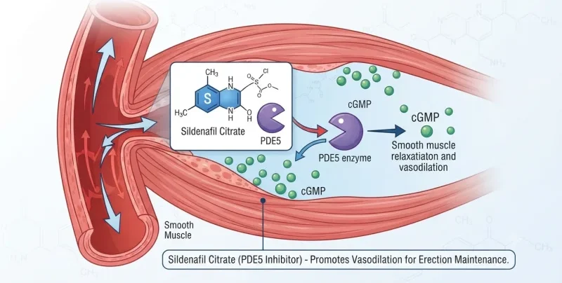 Medical illustration showing Sildenafil Citrate acting as a PDE5 inhibitor to promote vasodilation and smooth muscle relaxation for erection maintenance.
