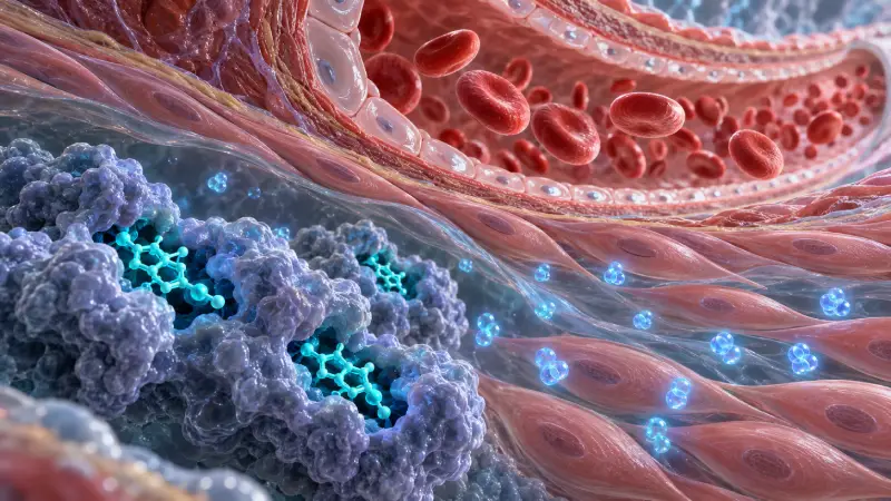 Diagram of sildenafil enzyme inhibition mechanism near a blood vessel with muscle tissue