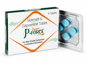 Super P Force packaging containing Sildenafil and Dapoxetine tablets for male sexual health, showing a box of 4 tablets and one loose blister pack.