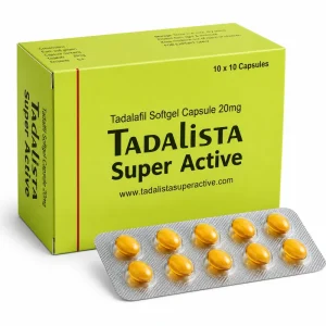 Box and blister pack of Tadalista Super Active 20mg Tadalafil softgel capsules.