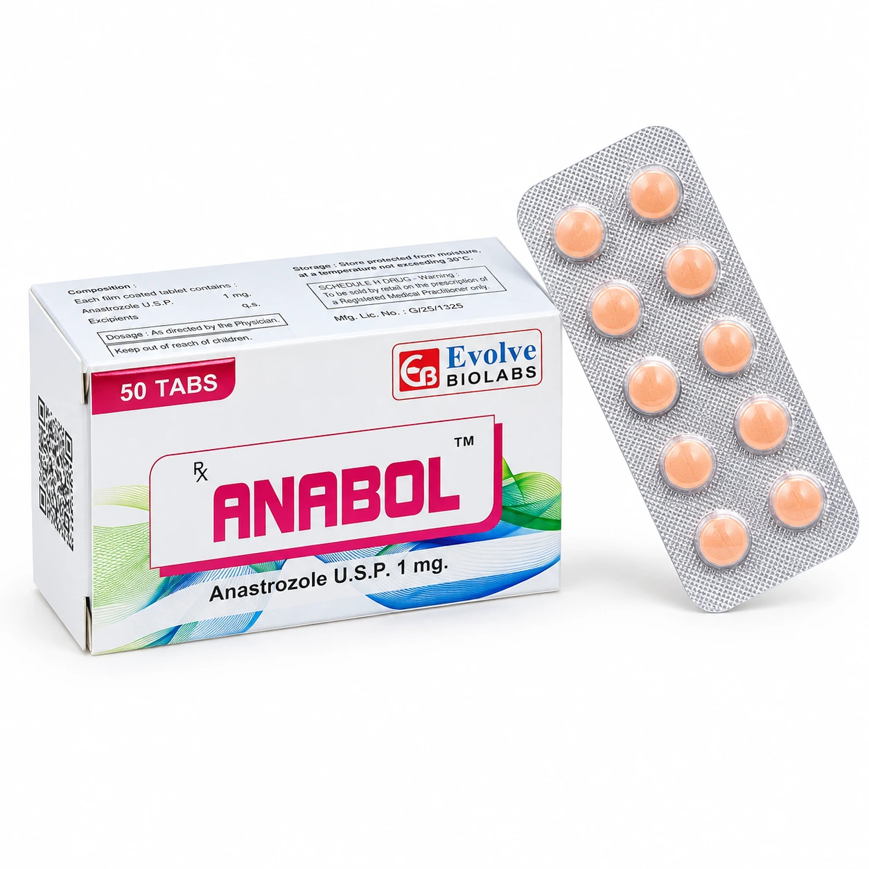 Anabol Anastrozole 1mg tablets box with blister pack, 50 tabs