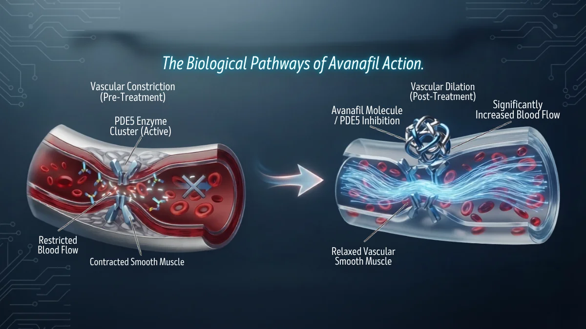 Biological pathways of Avanafil action, PDE5 inhibition and vasodilation