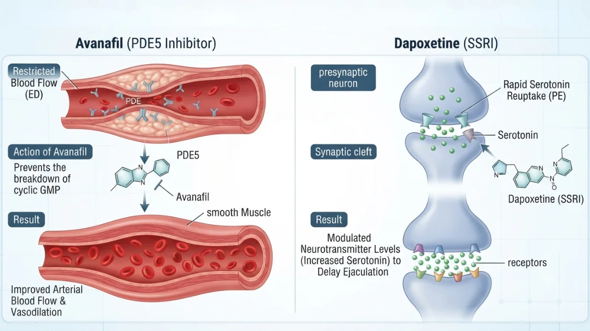 Avanafil PDE5 inhibition and Dapoxetine SSRI mechanism of action diagram