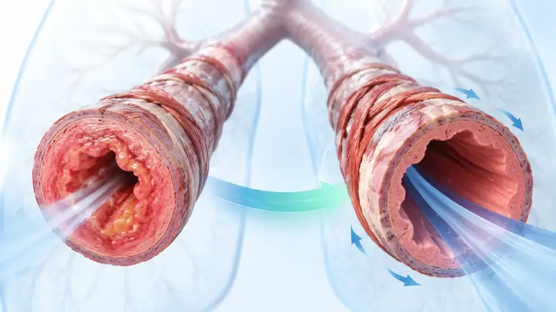 Cross-section comparing a constricted, inflamed airway with a relaxed, open bronchial tube