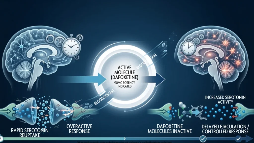 Dapoxetine mechanism showing serotonin reuptake and delayed ejaculation response