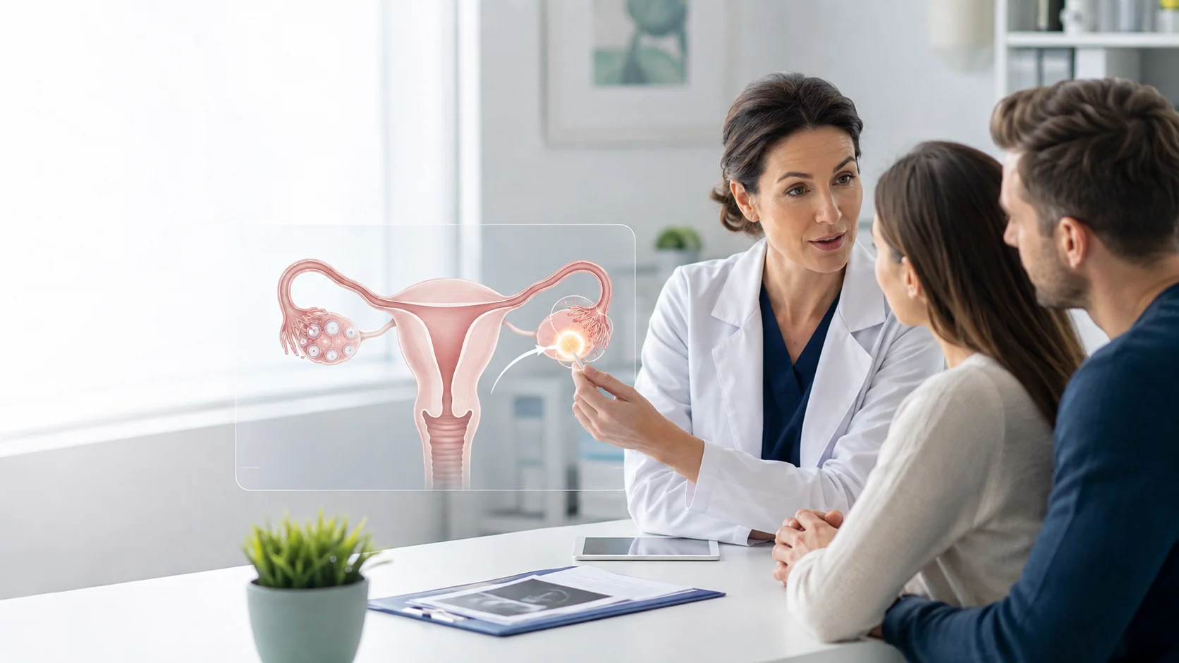 Doctor explaining ovulation and fertility cycle to couple in consultation