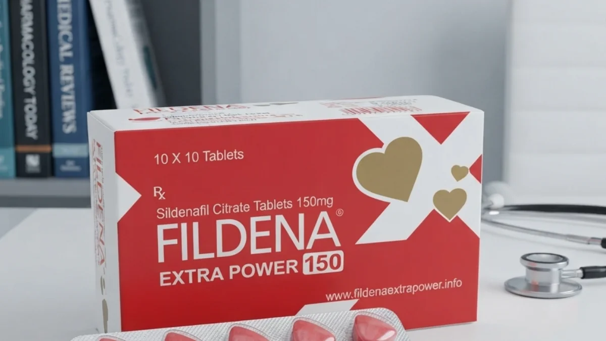 Fildena Extra Power 150 Sildenafil Citrate box on clinical desk