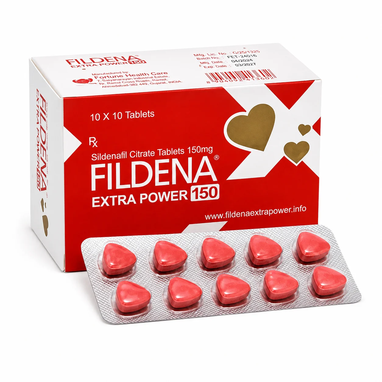 Fildena Extra Power 150 Sildenafil Citrate 150mg tablets, box and strip