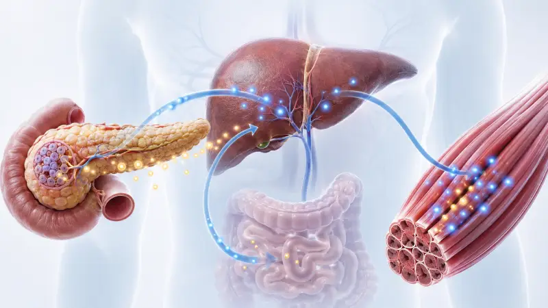 Diagram showing glucose and drug pathway between the pancreas, liver, gut and muscle tissue