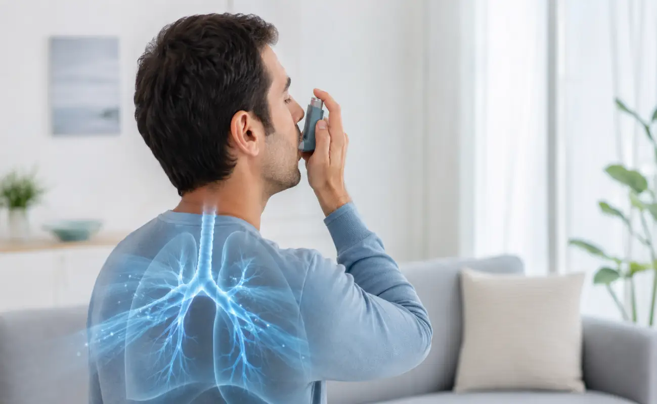 Man using an inhaler with an illustrated glowing lung and airway overlay
