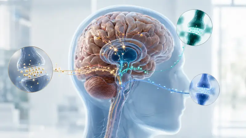 Illustration of a brain with synapse close-ups showing neurotransmitter activity and modafinil action
