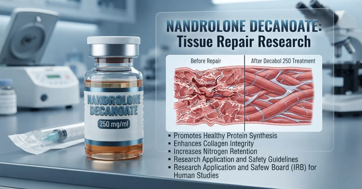 Nandrolone Decanoate 250mg/ml vial with tissue repair research diagram