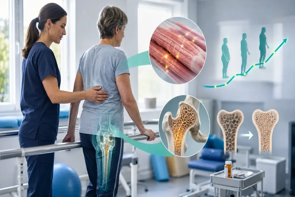 Physical therapy patient with muscle recovery and bone density improvement graphic
