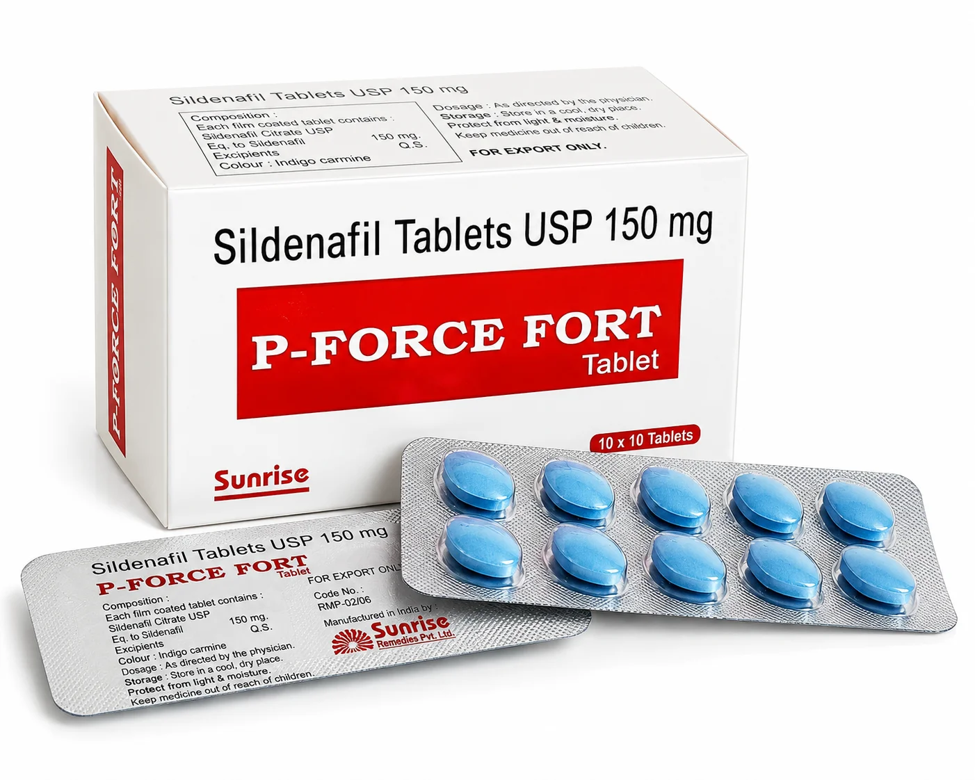 P Force Fort Sildenafil Tablets USP 150mg, box and blister strip