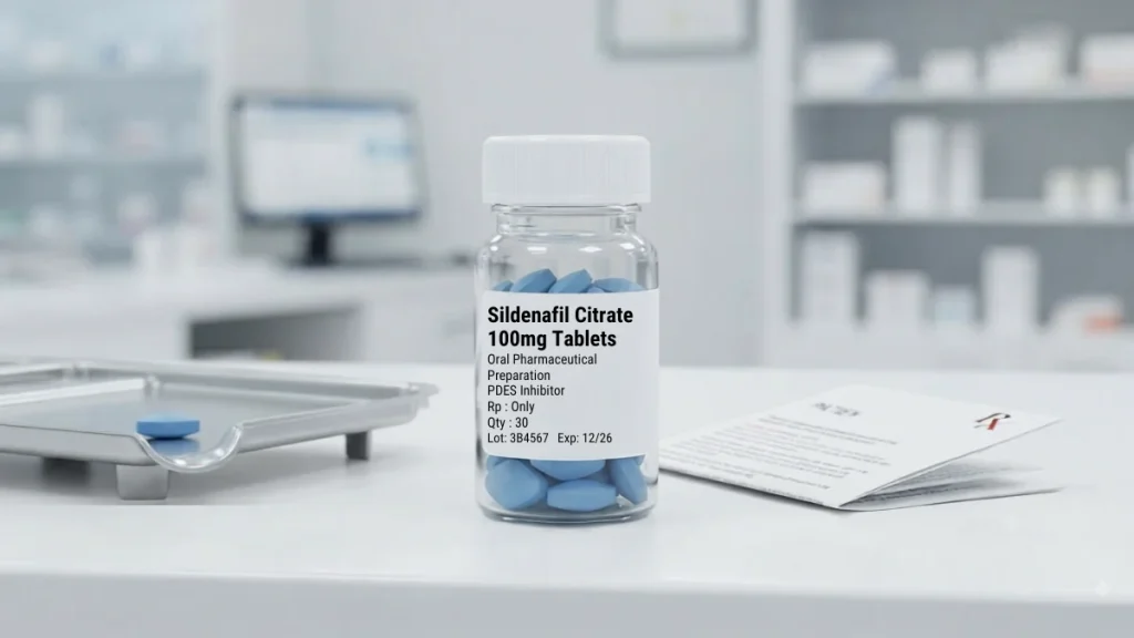 Sildenafil Citrate 100mg tablets pharmacy bottle with prescription label