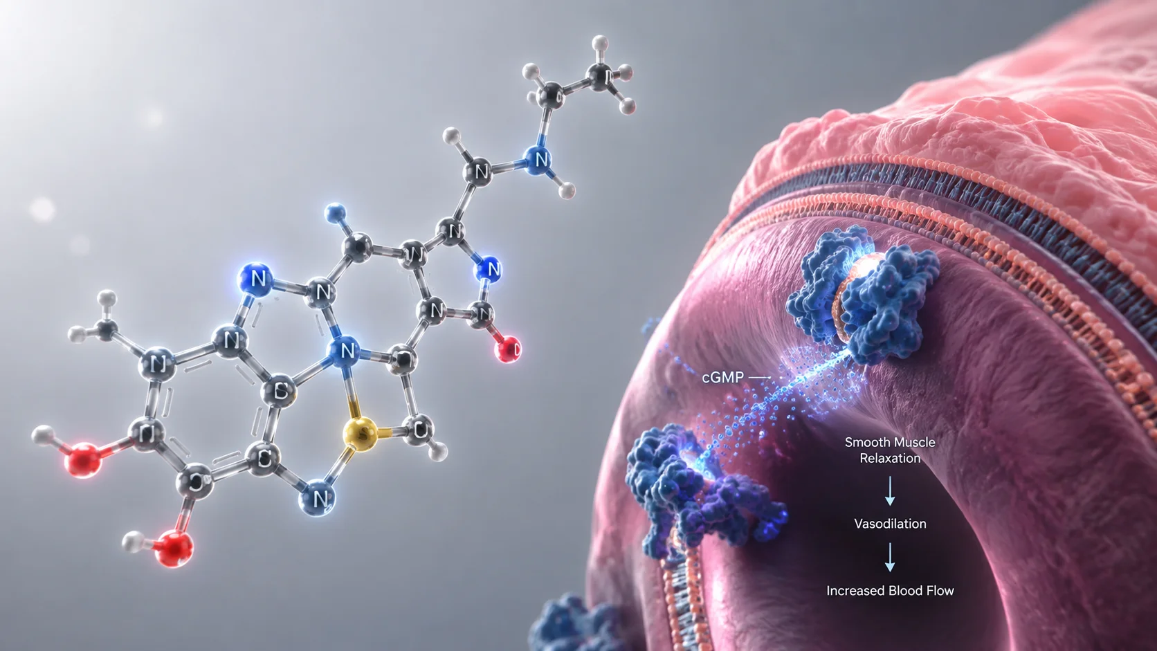Sildenafil citrate molecular structure and vasodilation blood flow illustration