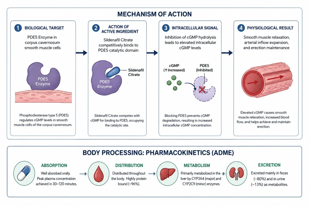 Sildenafil citrate mechanism of action and pharmacokinetics ADME diagram