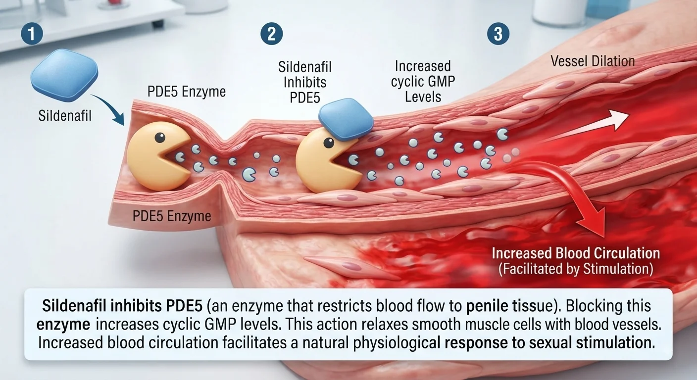 Sildenafil PDE5 inhibition mechanism showing increased blood circulation