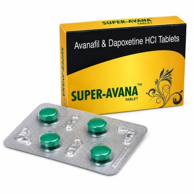 Super Avana Avanafil and Dapoxetine HCl tablets, box and blister pack