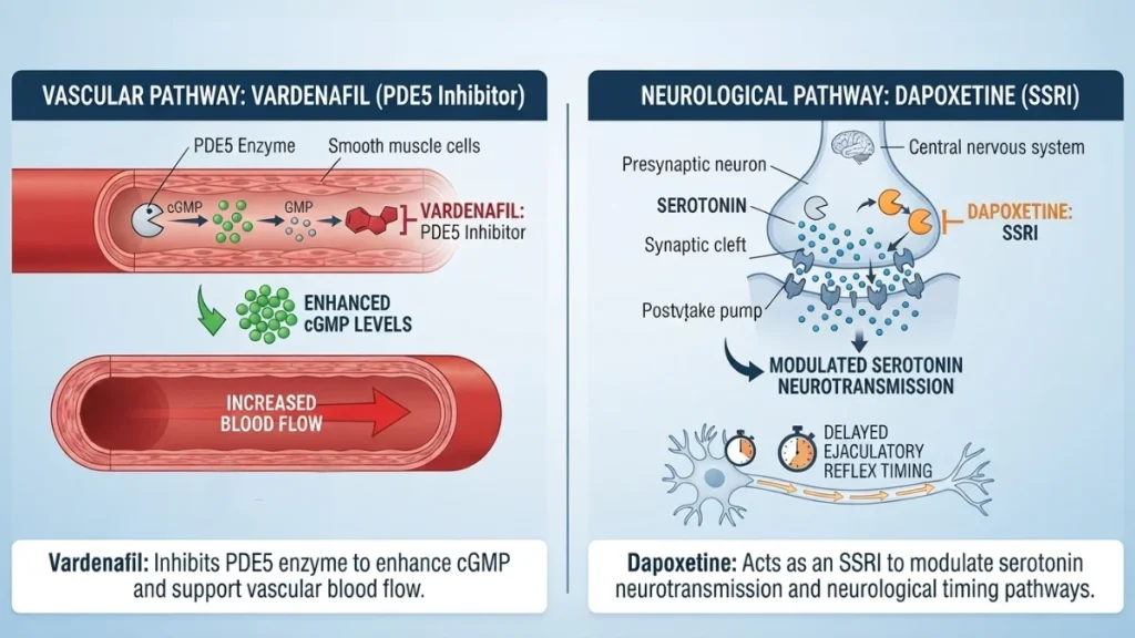 Vardenafil PDE5 inhibitor and Dapoxetine SSRI dual pathway diagram